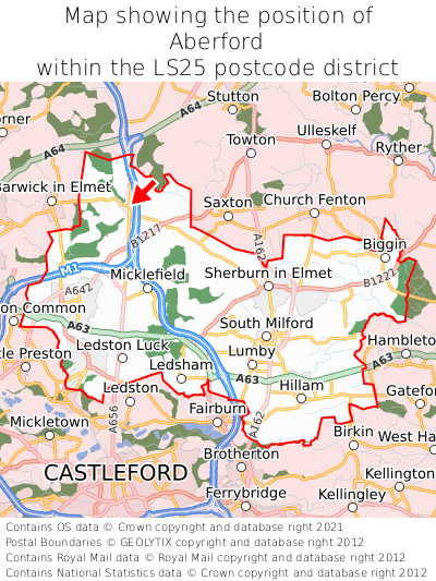 Map showing location of Aberford within LS25