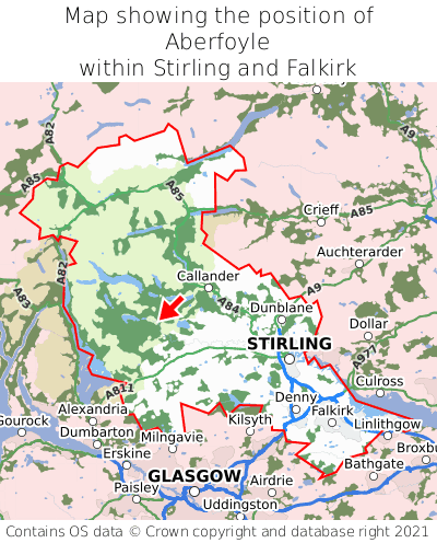 Map showing location of Aberfoyle within Stirling and Falkirk