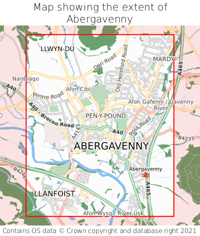 Map showing extent of Abergavenny as bounding box