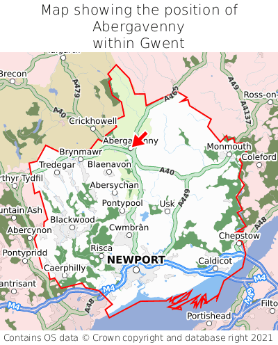 Map showing location of Abergavenny within Gwent