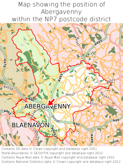 Map showing location of Abergavenny within NP7