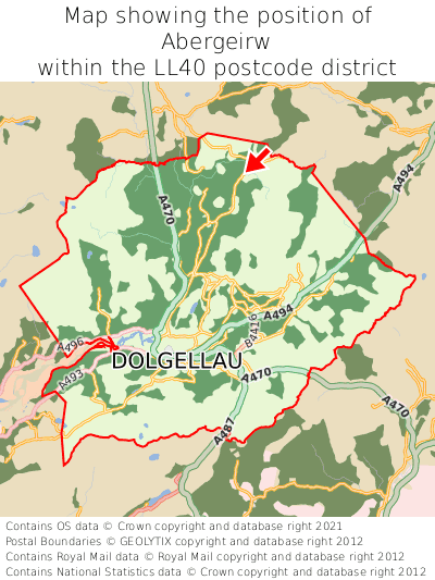 Map showing location of Abergeirw within LL40