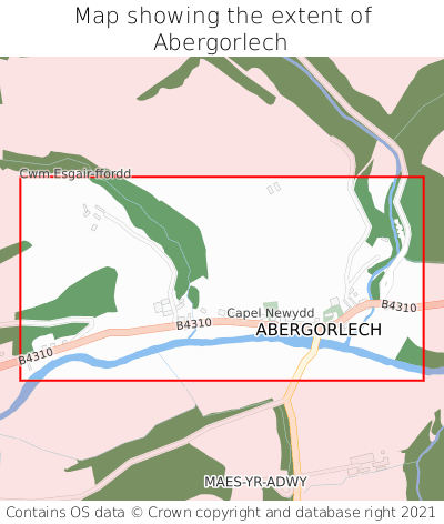 Map showing extent of Abergorlech as bounding box