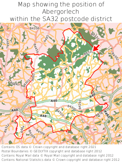 Map showing location of Abergorlech within SA32