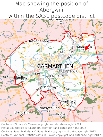 Map showing location of Abergwili within SA31