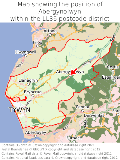 Map showing location of Abergynolwyn within LL36