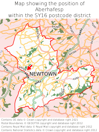 Map showing location of Aberhafesp within SY16