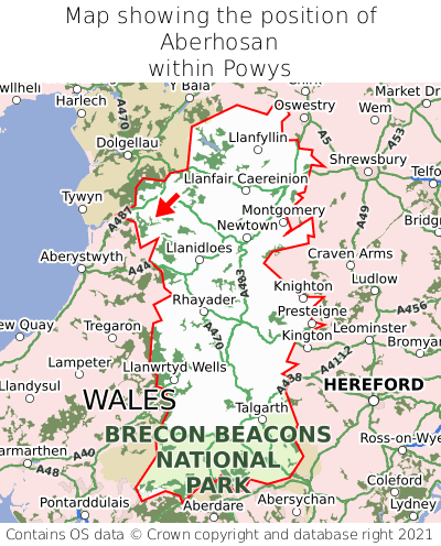 Map showing location of Aberhosan within Powys