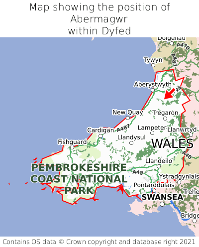 Map showing location of Abermagwr within Dyfed