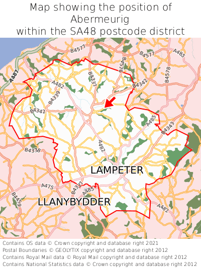 Map showing location of Abermeurig within SA48