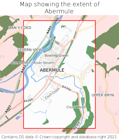 Map showing extent of Abermule as bounding box
