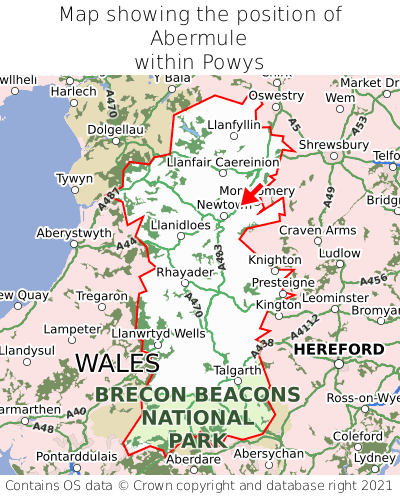 Map showing location of Abermule within Powys