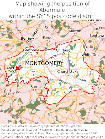 Map showing location of Abermule within SY15