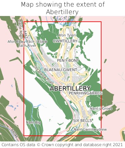 Map showing extent of Abertillery as bounding box