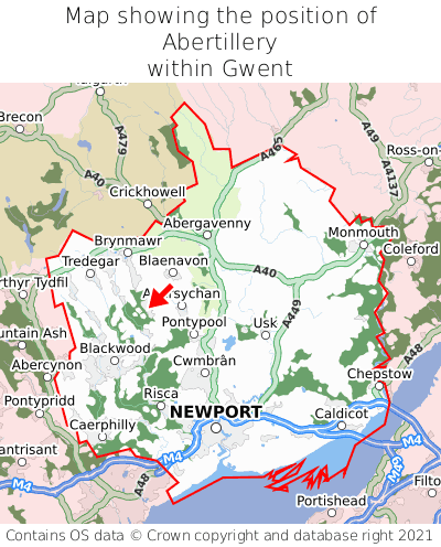 Map showing location of Abertillery within Gwent