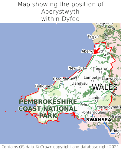Map showing location of Aberystwyth within Dyfed