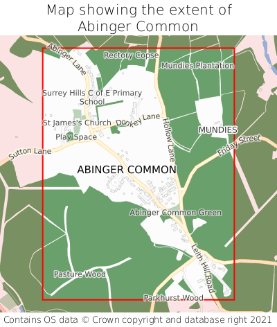 Map showing extent of Abinger Common as bounding box