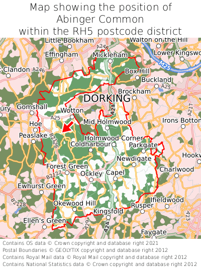 Map showing location of Abinger Common within RH5