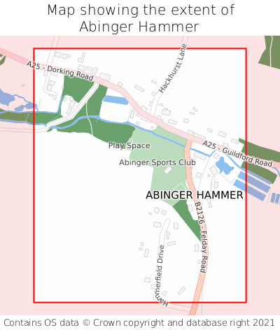 Map showing extent of Abinger Hammer as bounding box
