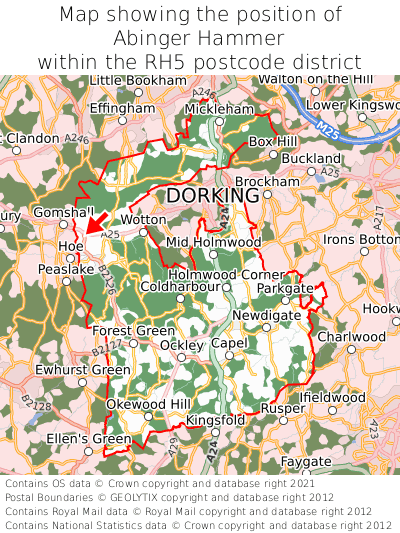 Map showing location of Abinger Hammer within RH5