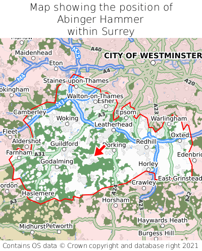 Map showing location of Abinger Hammer within Surrey