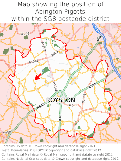 Map showing location of Abington Pigotts within SG8