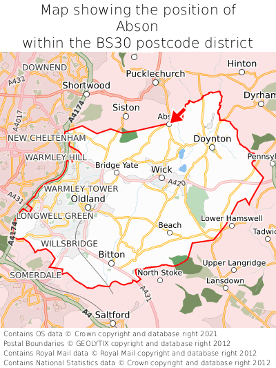 Map showing location of Abson within BS30
