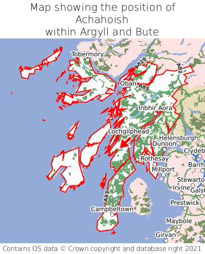 Map showing location of Achahoish within Argyll and Bute