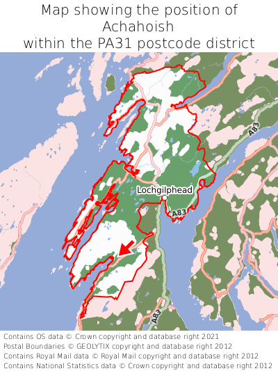 Map showing location of Achahoish within PA31