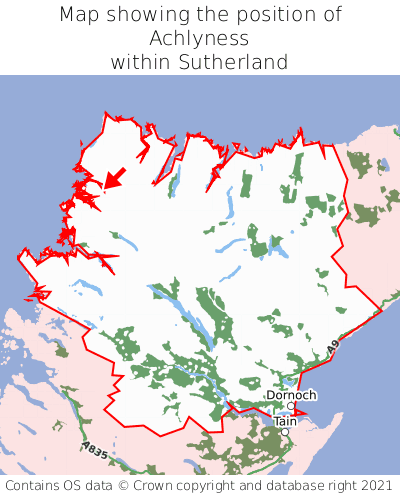 Map showing location of Achlyness within Sutherland