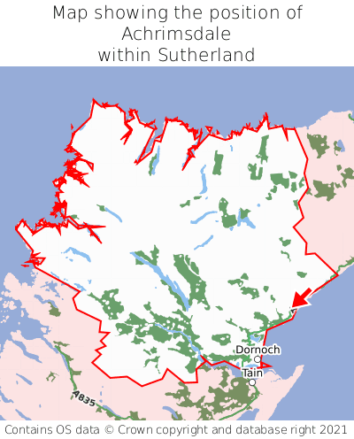 Map showing location of Achrimsdale within Sutherland