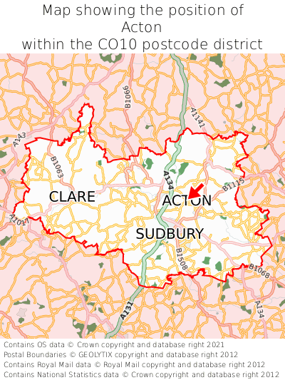 Map showing location of Acton within CO10