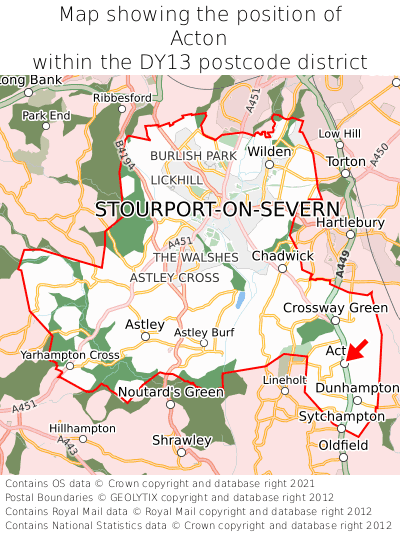 Map showing location of Acton within DY13