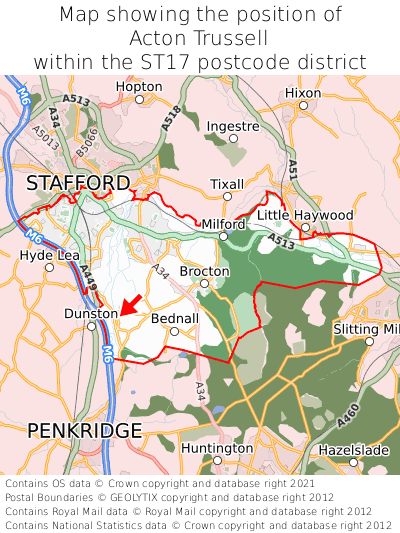 Map showing location of Acton Trussell within ST17