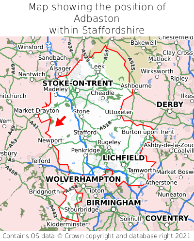 Map showing location of Adbaston within Staffordshire