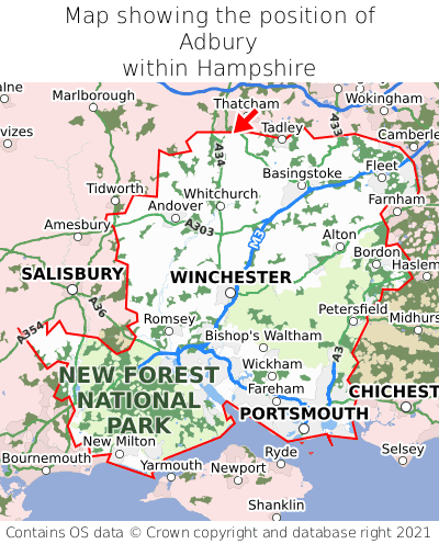 Map showing location of Adbury within Hampshire