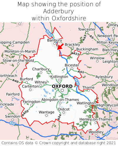 Map showing location of Adderbury within Oxfordshire