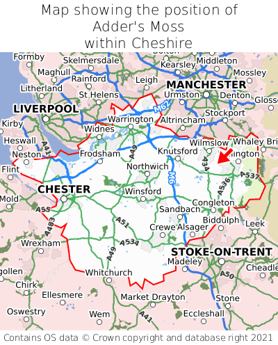 Map showing location of Adder's Moss within Cheshire