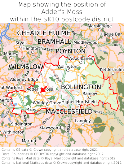 Map showing location of Adder's Moss within SK10