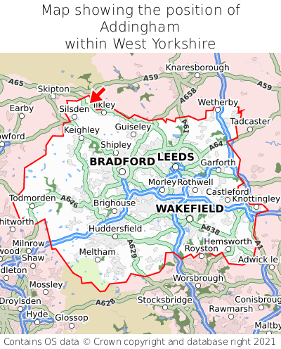 Map showing location of Addingham within West Yorkshire