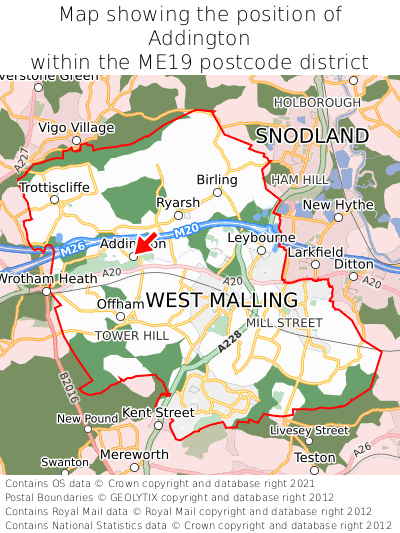 Map showing location of Addington within ME19