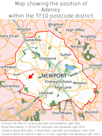 Map showing location of Adeney within TF10
