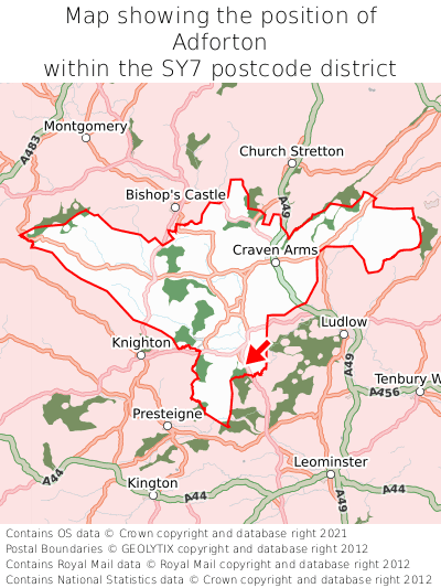 Map showing location of Adforton within SY7