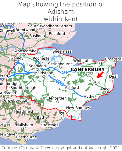 Map showing location of Adisham within Kent