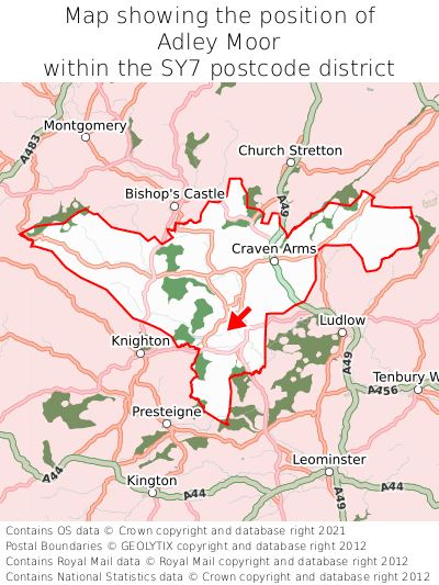 Map showing location of Adley Moor within SY7