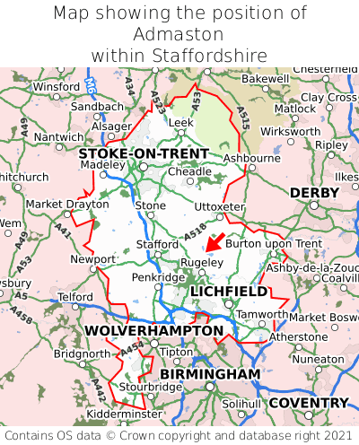 Map showing location of Admaston within Staffordshire