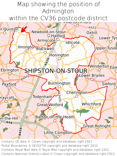 Map showing location of Admington within CV36