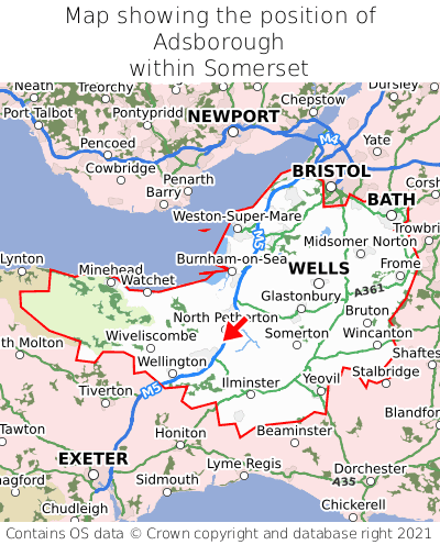 Map showing location of Adsborough within Somerset