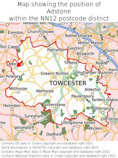 Map showing location of Adstone within NN12