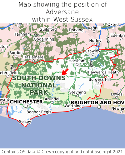 Map showing location of Adversane within West Sussex